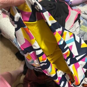 Lucky in Love Colorblock Geometric One-Piece Swimsuit - Yellow Pink Teal Navy